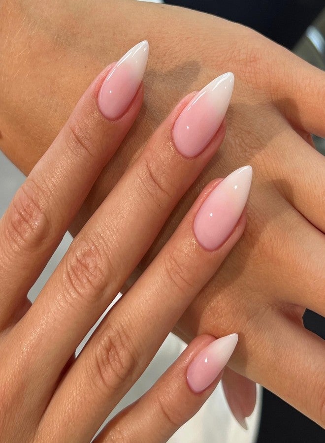 XCREANDO Gradient Pink Press on Nails - Medium Length Almond Shaped Fake Acrylic Nails, Glue on False Nails for Women, Thick Natural Gel Stiletto, 24Pcs - Image 1